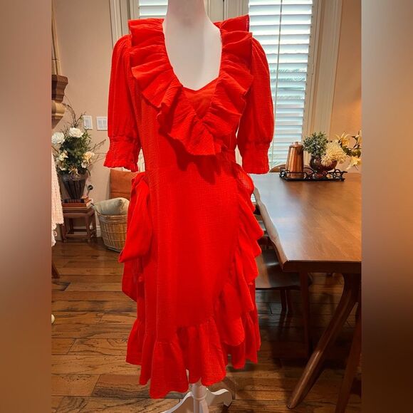 Romantic Red Ruffle Wrap Dress Crinkled Cotton Gauze Fit & Flare XS J.Crew NWT - Picture 3 of 10